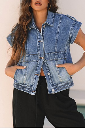 Acid Wash Elastic Hem Button U ...